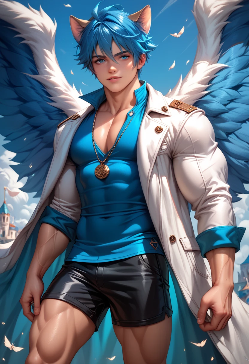 ((Boy with blue hair and cat ears )), I'm wearing a white coat,Leon,leon, boy,Shorts, , anatomically correct, (((8K resolution))),young boy, He has a thick dictionary in his hand , trained muscles like a bodybuilder, Very Big Muscles , big wings, Thick chest peeking out from her chest 