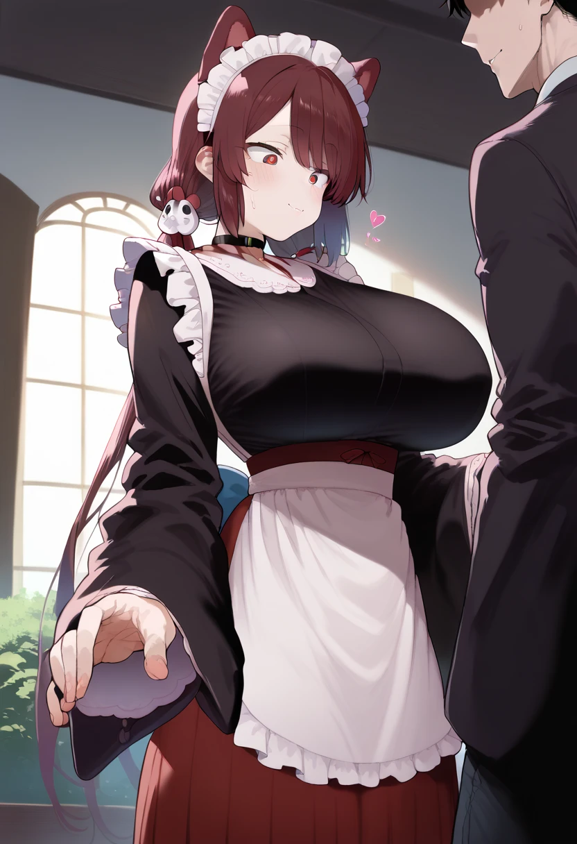 Hyper realistic, it1, flower, twintails, low twintails, very long hair, dog girl、 girl standing 、困った顔
choker, maid headdress, black kimono, wide sleeves, frills, Heart, white apron, sleeves past wrists, skirt, red skirt, perfect face, perfect lighting,, sexy female, huge breasts:2,、The chest part of clothes that looks like it's going to break、boob tent
、 bedroom、、grabing breasts  from behind、1boy, faceless male, size difference, male face out of frame