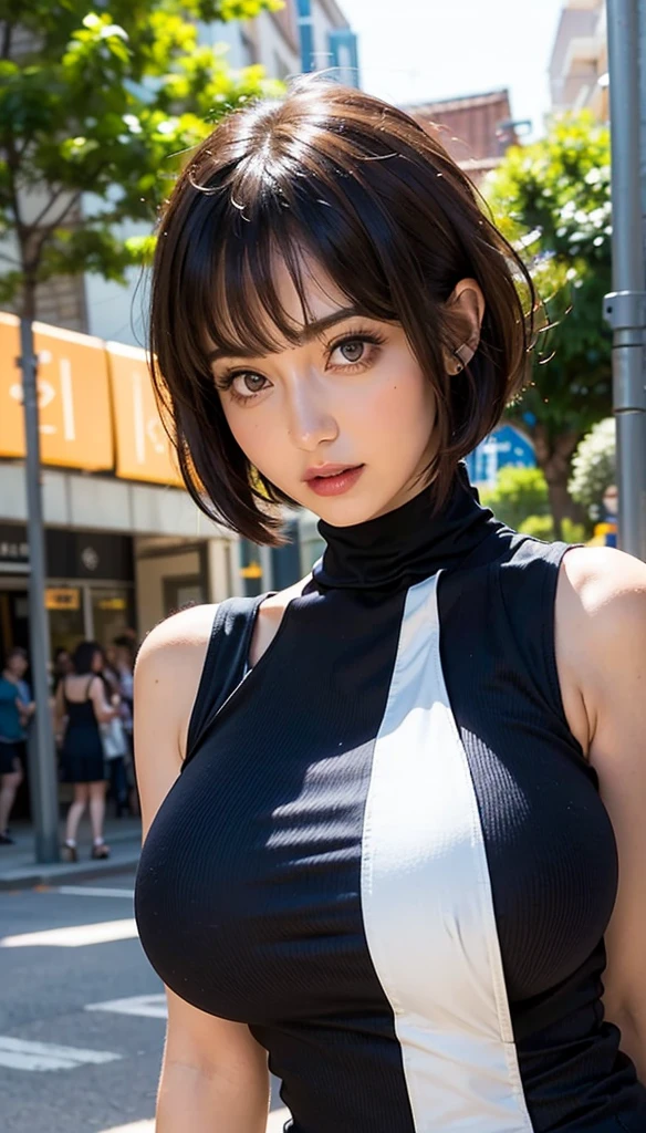 ((Beautiful Face:1.2)),((realistic:1.2)),Best Quality, 1peopleの女の子, (skeindentation), ((Natural Huge breasts:1.4)), (blur back ground:0.6), (street:1.2), (people々, crowd:1), garden, day, Outdoor, (Casual yet stylish, Elegant fabric, high ),((Wear a tight sleeveless high neck dress:1.5)), ((No bra:1.2)),nice, (bangs, Short Hair:1.5), (Floating Hair:1.2), (Dynamic pose:1.2), Soft lighting, wind, (Front light:1.5),  makeeup, 