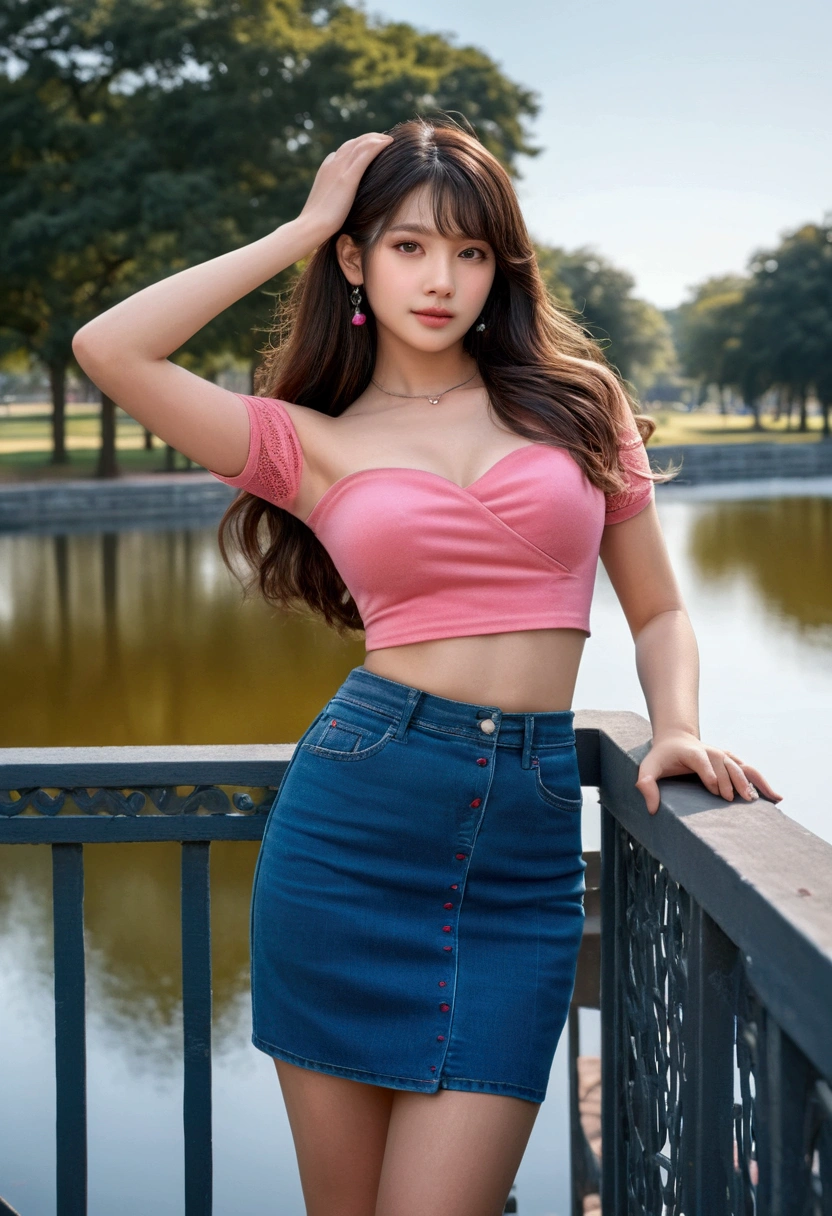High resolution、8K、A beautiful Korean female golfer、((Shot at a golf course))、standing pose、full body shot、Nothing in hand、summer、Tanned face、(big breasts、cleavage)、((ponytail、Sun visor))、No bra、Fasten a sleeveless blouse with a single button、underboob、Umbilical ejection、((thin fabric、Slit miniskirt))、Belt of the same color as the skirt、Flat belly、Overhanging hips、round butt、Emphasis on the thighs、socks、Golf Shoes、oval face、square jaw、clear brown eyes、narrow parted lips、