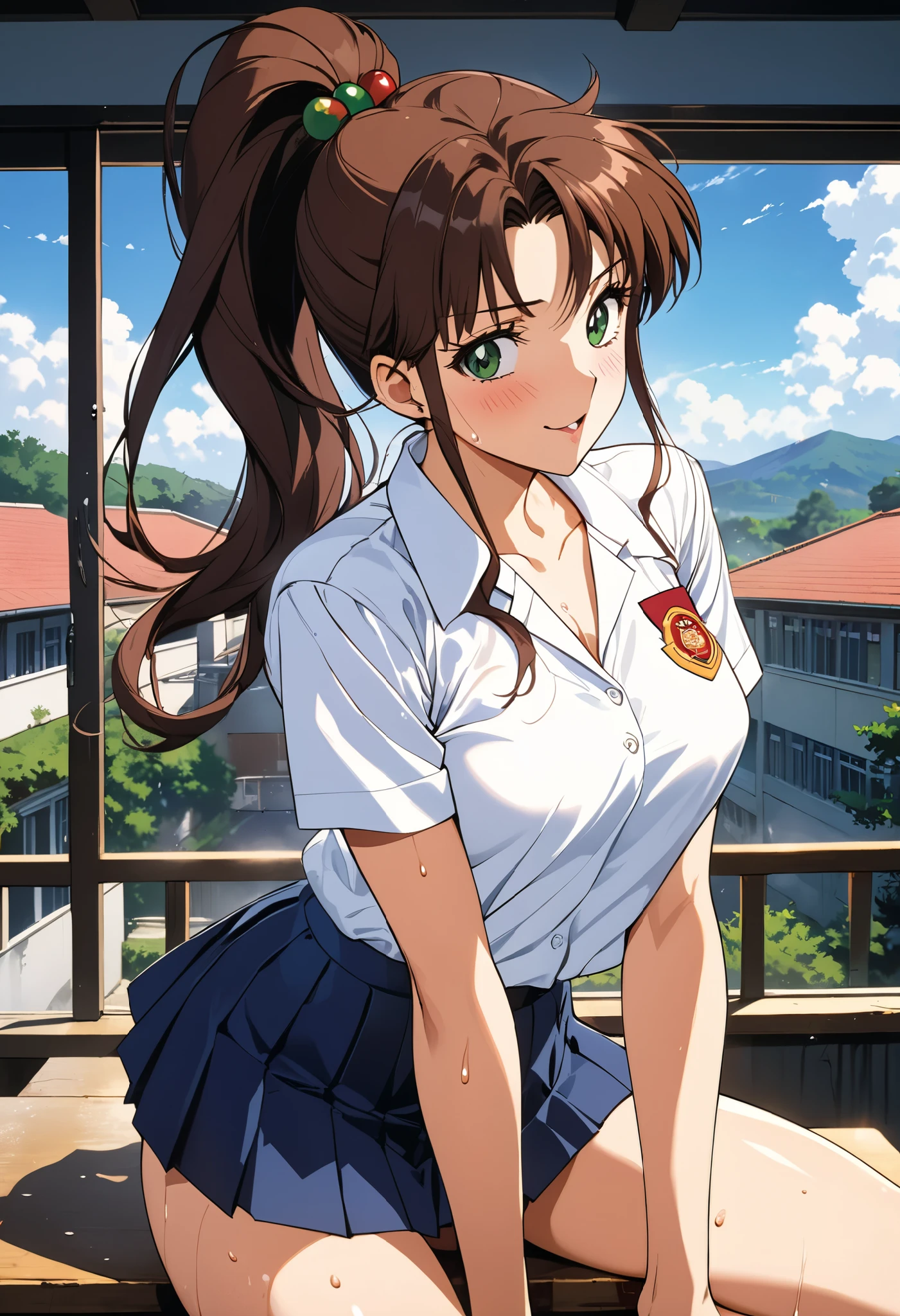 masterpiece, Best Quality, High resolution,16k,official art,super detailed skin,detailed,animated painting, (Makoto Kino),1990s \(style\),(highschool uniform,white long-sleave shirt,mini skirt:1.2)、(E-cup beautiful breasts)、clevage, (tall:1.2),height: 170cm,Fashion model body type、Sweating all over the body、vapor、Muscular、(sexy),nsfw,Sweaty、Configuration from the front、happy,simle,Ahegao、Anime-style painting style,Brown Hair、Ponytail Hair、Composition focusing on the upper body,Cinematic lighting,Ultra-fine,magnificent view、The background is the school during the day,sexy pose