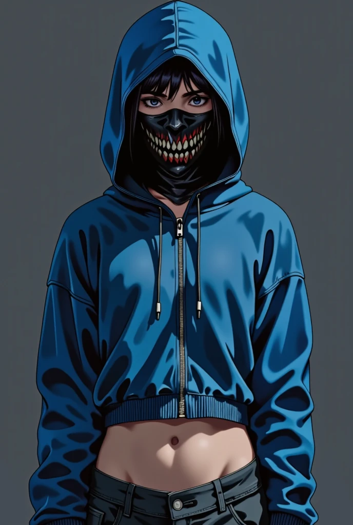  I'm wearing a blue cropped hoodie、I'm wearing a full zip demon mask 、 only covers the opening、Hair is hidden 、 facing the front、Wearing a hoodie、male、The bottom of the hoodie is naked 、 the zipper is empty 