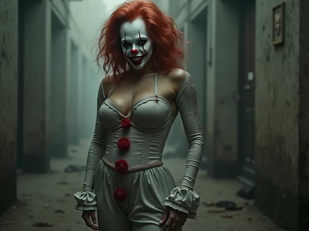 (masterpiece, 8K, UHD, RAW), a sexy girl kissing a evil clown in bed, (((a beautiful young woman riding on top of one huge horrific circus clown with a red nose))), (she rides the male Clown with lustful femininity), her beautiful body is covered by a sheer translucent white tunic with Art Nouveau embroidery, big sexy perky breasts, her pristine delicate features contrasts with the horrendous menacing fangs of the corrupted male clown, full body vibrant illustrations, intricately sculpted, realistic hyper-detailed portraits, queencore, depicts real life, the scene happens in a luxurious Art Nouveau boudoir with studio illumination, red and teal silk satin, Sexy smile,