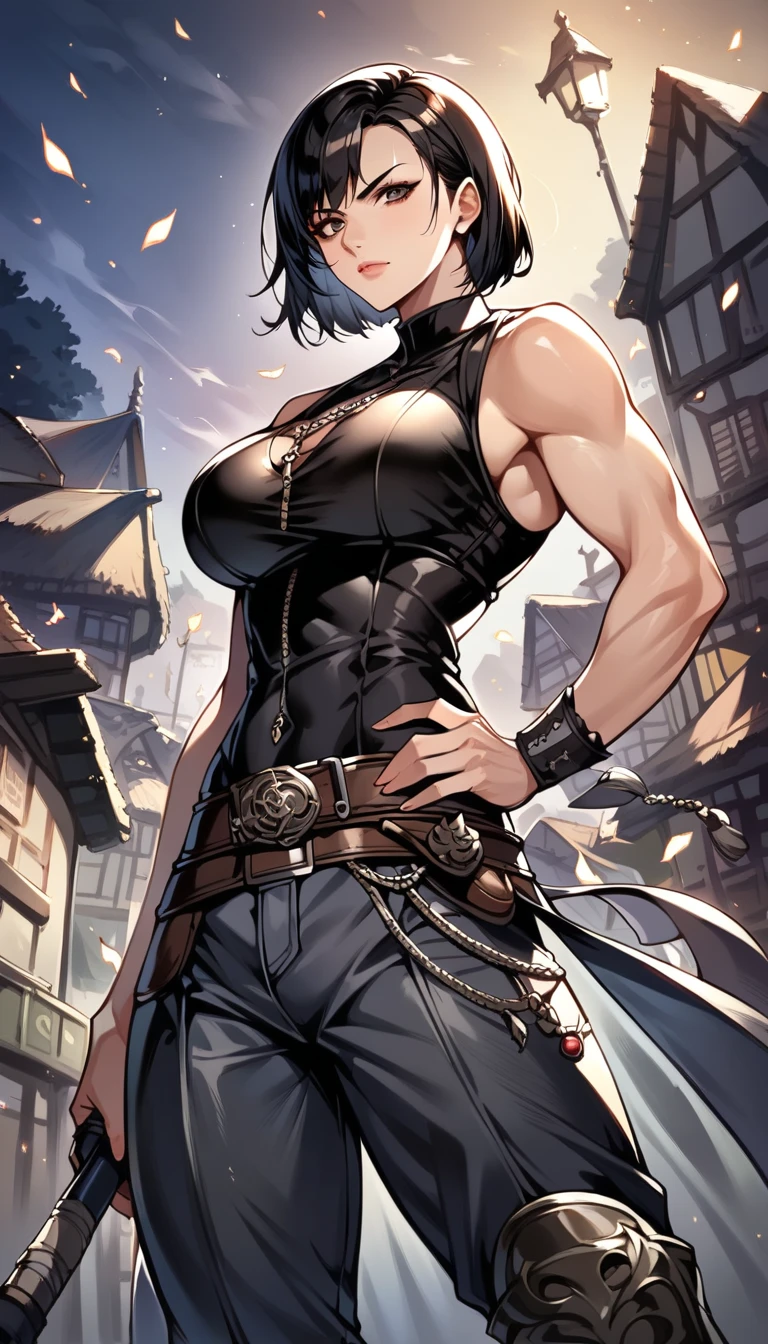 score_9, score_8_up, score_7_up, score_6_up, source_anime, BREAK 1girl, masterpiece, warrior, mature female, muscular, black hair, short hair, bare hands, sleeveless cuirass, leather pants, serious face, black mascara, hand on hip, upper body, ((fantasy)), fantasy town, street, night, looking at viewer