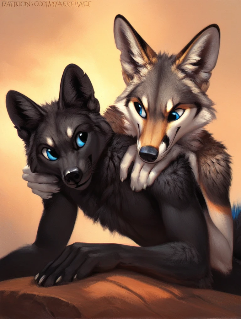 score_9, score_8_up, score_7_up, source_furry, rating_safe, by kenket, anthro, duo, male/male, wolf, black body, blue eyes, fox, white body, doggy style, on belly, hands on shoulders
