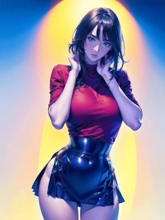 1girl,a beautiful fashion model ,(masterpiece, detailed background, best quality),short and shiny hair, red hair, hair with highlights, bangs, smirk,juicy lips,red lips, calmart, lingerie, stripping, elegant makeup, blue eyes, full body shot, (shiny skin), cyberpunk, sci fi, boa, extravagant jewelry, cocky expression, covered in jewelry, fancy, club outfit, shiny skin, wet skin. running hand through hair, leaning on wall, hair flip, sweat, dj, lights, beat spins you round, (((dance club))), black leather outfit