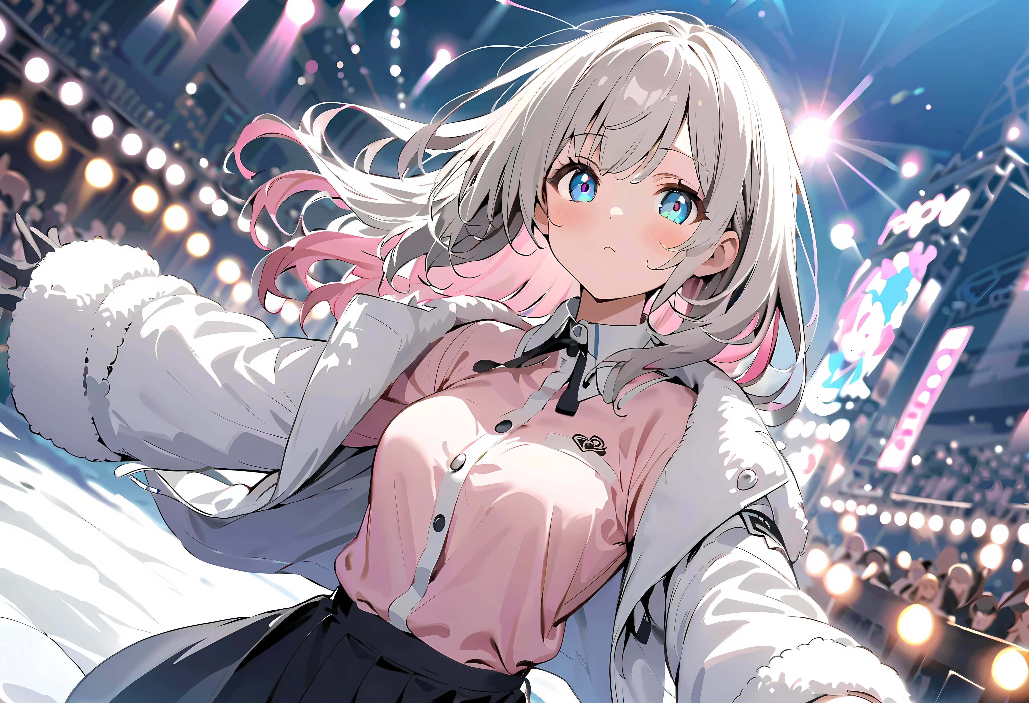 White Breath、 face up、 scarf、gloves、Winter Street by Night 、coat with black fur、glovesと scarf、 illuminations、Fantastic Light、night、 thick boa coat in 、 long coat and 、 scarf、 street concert、、 street live in the winter city 、 street concert、Wear a thick coat 、 Sing with a microphone 、 Sing around the city for the winter sky 、snowy town、asymmetry bangs, swept bangs.,extends hands、 、{{{masterpiece}}}, {{{ top quality}}}, {{ more}}, {beautiful detailed eye}, 1 girl,alone, ((Grey Hair)),(bangs), angle from above、 looks up, girl ,Midea,eye、 dynamic angle 、Long Grey Hair、 pink tips 、alone、 medium hair 、白い medium hair 、 Song、Idol、Long Medium Hair 、 long hair、 bob hair、 long-sleeved pink shirt with a white collar {x} Grey Hair that stretches to about the shoulder 、 Pink hair with pink tips 、 medium hair ー、 hair with pink inner color、 white hair down to shoulders 、 pretty girl、Detailed eye、anime、 Shirogane Noel、 stage、 black skirt、 white hair down to shoulders 、alone、 1 girl、E art style 、 The light shines 、Beautiful Shadows、alone、