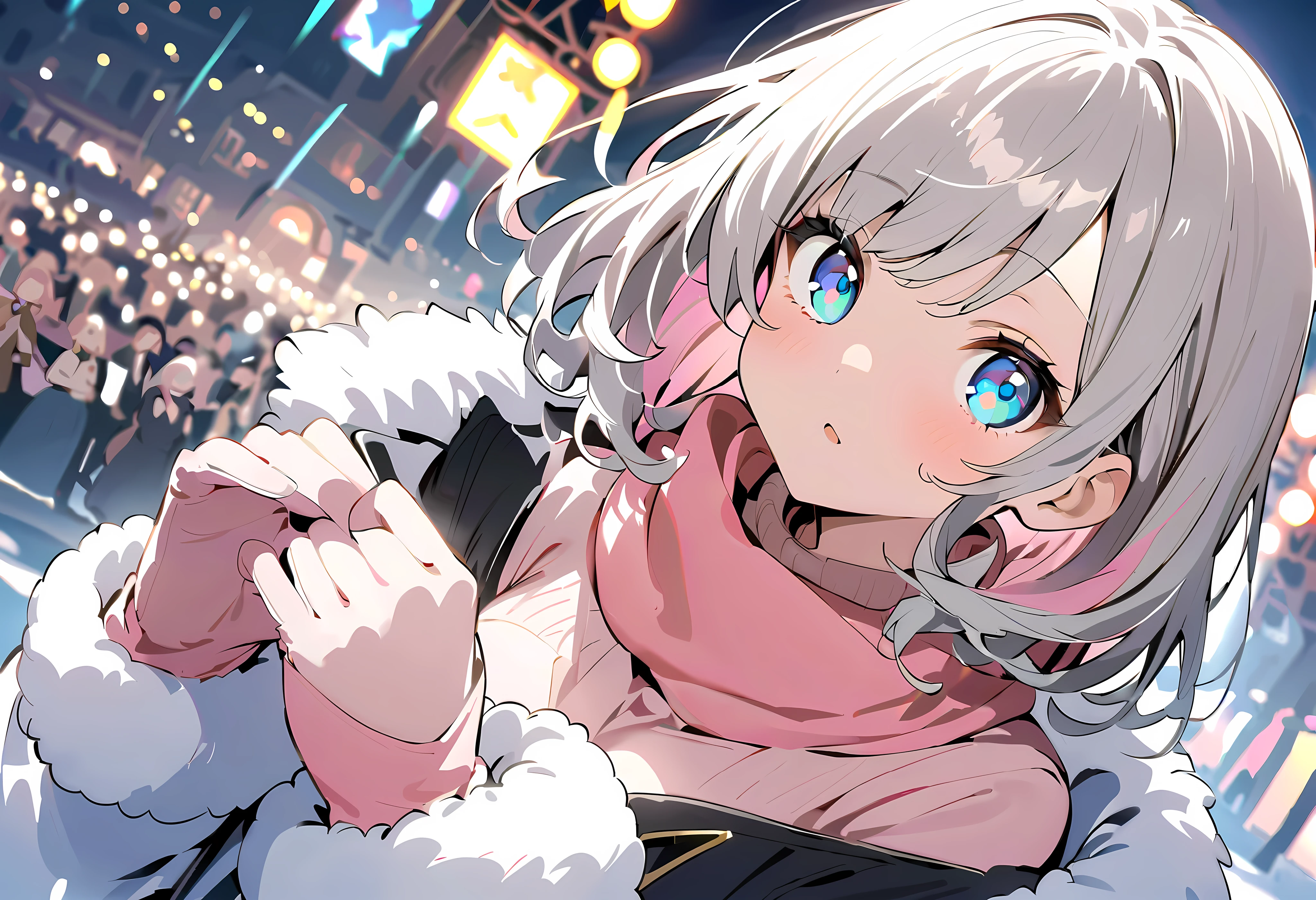White Breath、 face up、 scarf、gloves、Winter Street by Night 、coat with black fur、glovesと scarf、 illuminations、Fantastic Light、night、 thick boa coat in 、 long coat and 、 scarf、 street concert、、 street live in the winter city 、 street concert、Wear a thick coat 、 Sing with a microphone 、 Sing around the city for the winter sky 、snowy town、asymmetry bangs, swept bangs.,extends hands、 、{{{masterpiece}}}, {{{ top quality}}}, {{ more}}, {beautiful detailed eye}, 1 girl,alone, ((Grey Hair)),(bangs), angle from above、 looks up, girl ,Midea,eye、 dynamic angle 、Long Grey Hair、 pink tips 、alone、 medium hair 、白い medium hair 、 Song、Idol、Long Medium Hair 、 long hair、 bob hair、 long-sleeved pink shirt with a white collar {x} Grey Hair that stretches to about the shoulder 、 Pink hair with pink tips 、 medium hair ー、 hair with pink inner color、 white hair down to shoulders 、 pretty girl、Detailed eye、anime、 Shirogane Noel、 stage、 black skirt、 white hair down to shoulders 、alone、 1 girl、E art style 、 The light shines 、Beautiful Shadows、alone、