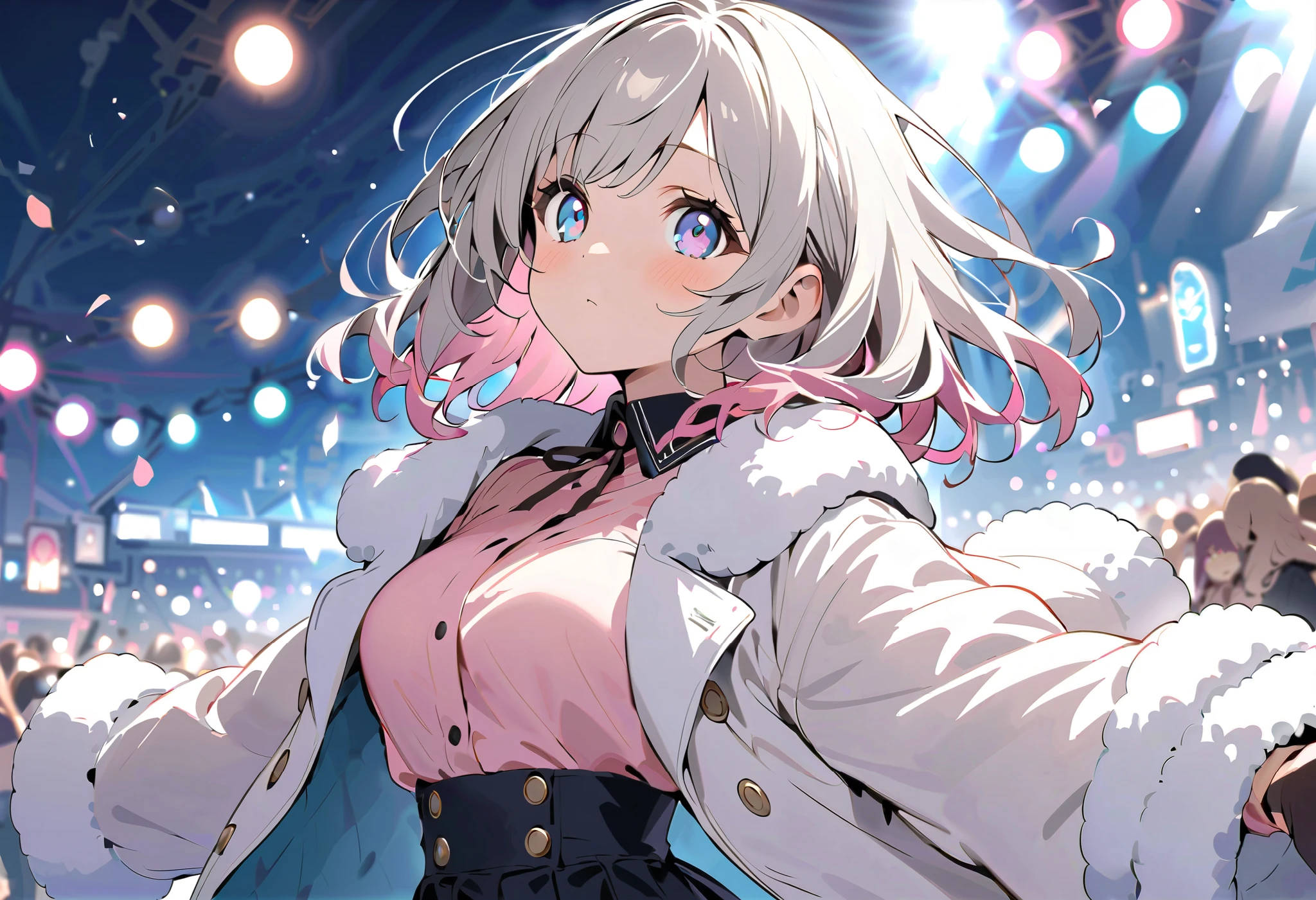 White Breath、 face up、 scarf、gloves、nightの冬街、coat with black fur、glovesと scarf、 illuminations、Fantastic Light、night、 thick boa coat in 、 long coat and 、 scarf、 street concert、、 Street Live in Winter Town 、 street concert、Wear a thick coat 、マイクを持ってSongう、冬空に向けて街中でSongう、snowy town、asymmetry bangs, swept bangs.,extends hands、 、{{{masterpiece}}}, {{{ top quality}}}, {{ more}}, {beautiful detailed eye}, 1 girl,Alone, ((Grey Hair)),(bangs), angle from above、 looks up, girl ,Midea,eye、 dynamic angle 、Long Grey Hair、 pink tips 、Alone、 medium hair 、白い medium hair 、 Song、Idol、長めの medium hair 、 long hair、 bob hair、 long-sleeved pink shirt with a white collar {x} 肩くらいまで伸びるGrey Hair 、 Pink hair with pink tips 、 medium hair ー、 hair with pink inner color、 white hair down to shoulders 、 pretty girl、Detailed eye、Anime、 Shirogane Noel、 stage、 black skirt、 white hair down to shoulders 、Alone、 1 girl、E art style 、 The light shines 、Beautiful Shadows、Alone、
