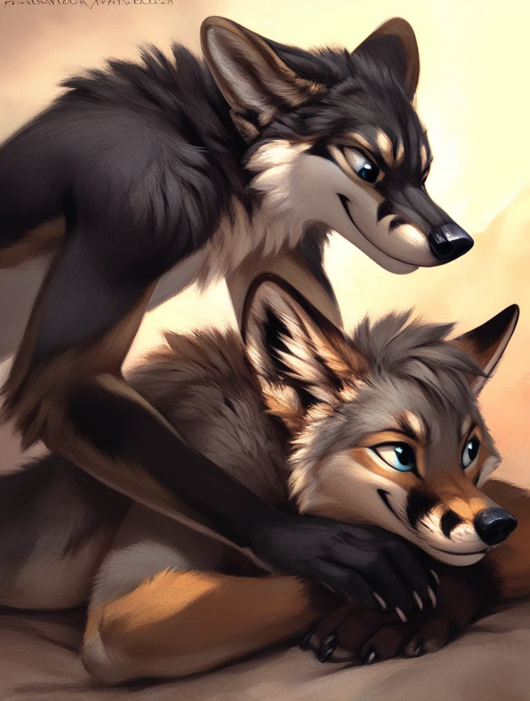 score_9, score_8_up, score_7_up, source_furry, rating_safe, by kenket, anthro, duo, male/male, wolf, black body, blue eyes, fox, orange body, doggy style, bird's eye view, on belly
