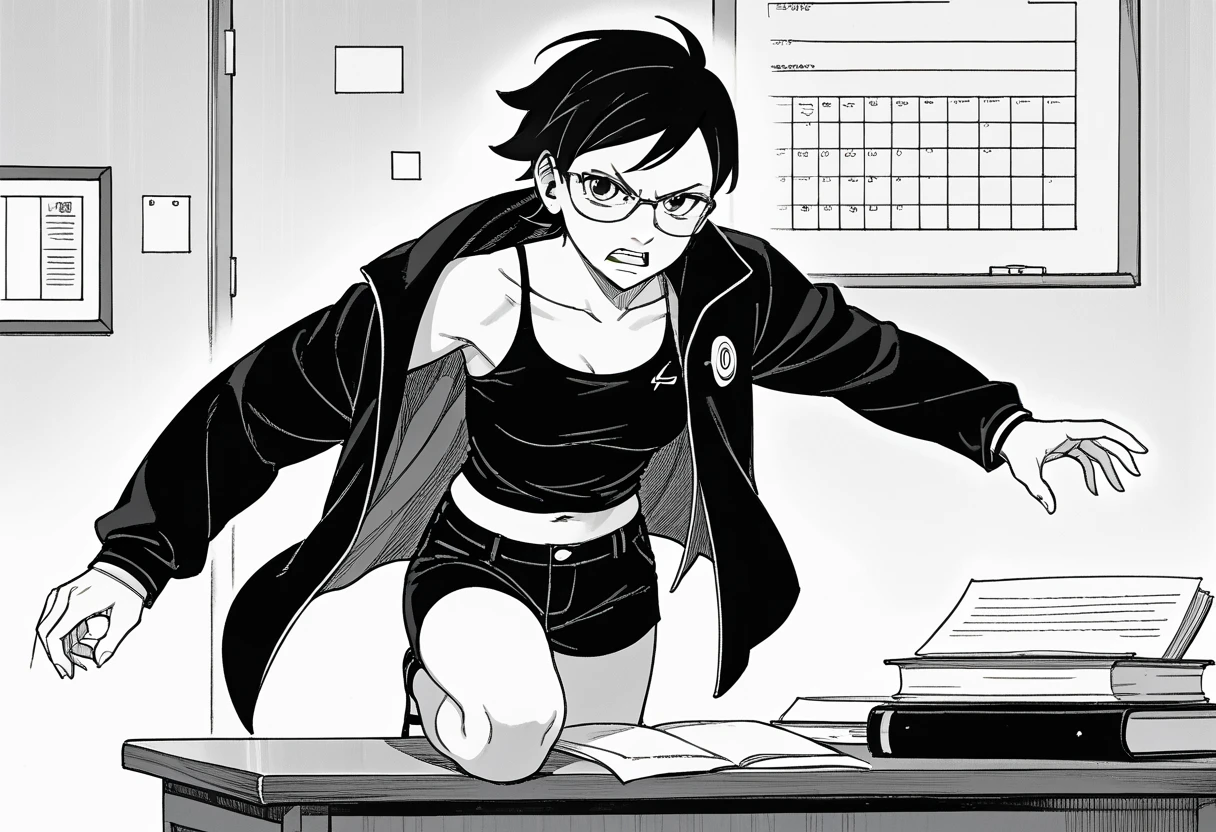 Nsfw, monochrome, manga_source, best background, detailed background, manga, grayscale, uchiha sarada, boruto_two_blue_vortex, post timeskip, Uchiha_sarada, solo, angry, Hitting the desk, desk, black hair, short hair, glasses, beautiful body, medium breasts, sexy legs, mikio ikemoto style, black crop_top, navel, open coat, black tiny shorts, empty bubble spech, hokage's office, 