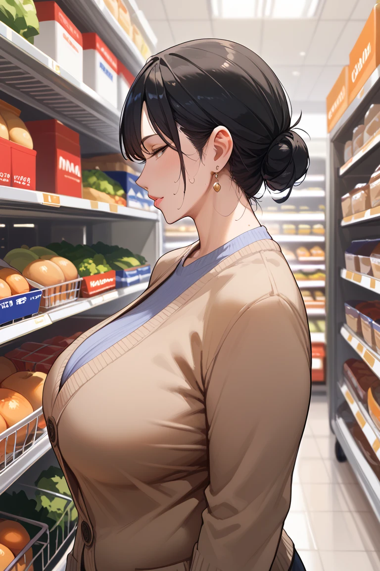 score_9,score_8_up,score_7_up, anime colored, sharp focus, proper alignment, rating_explicit,32k, 
BREAK
1woman, (milf:1.3),slightly chubby female, large breasts, black hair, single hair bun BREAK brown cardigan, (in supermarket:1.3), upper body from side