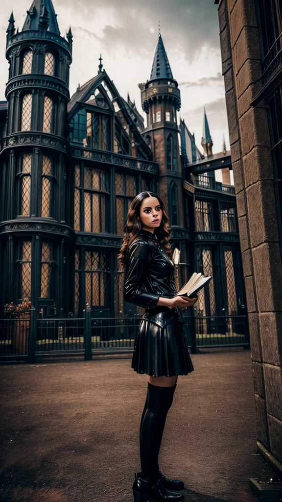 A photo of a woman wearing a latex Hogwarts school uniform, holding a book and looking directly at the viewer, standing in the yard of a medieval castle, ornate detailed architecture, dramatic lighting, cinematic, high contrast, dark moody colors, photorealistic