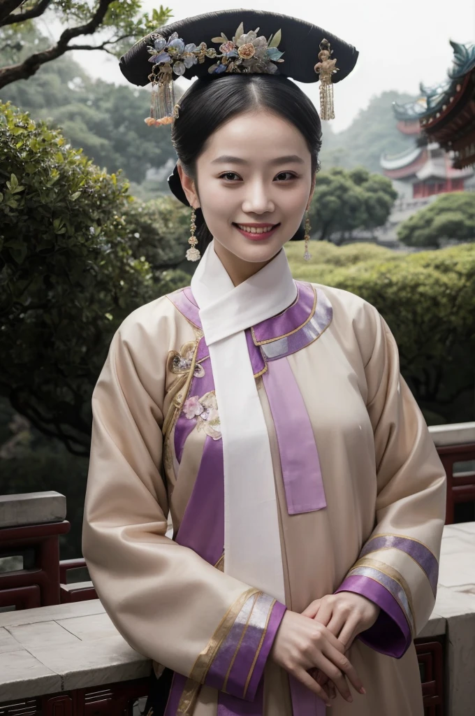 masterpiece,  top quality, edgQuality)),smile, Aoshio , a woman in a traditional chinese ドレス poses for a picture , woman wearing a Aoshio __ haircut , Sit back 、naked、 outside the Qing dynasty palace