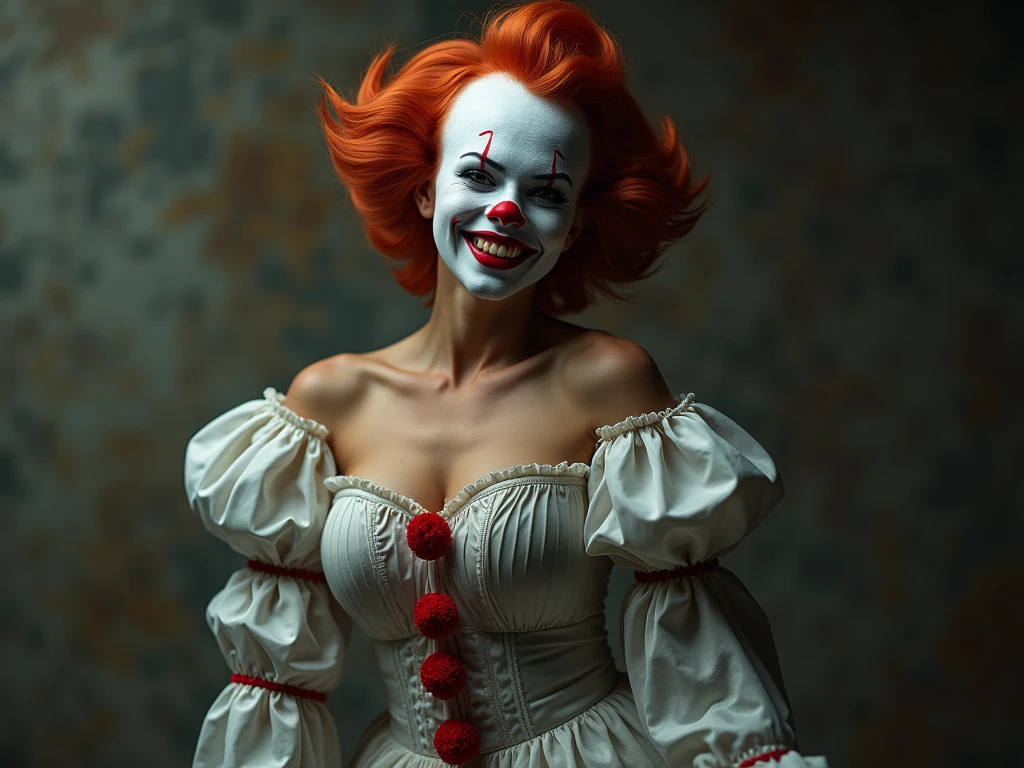 (masterpiece, 8K, UHD, RAW), a sexy girl kissing a evil clown in bed, (((a beautiful young woman riding on top of one huge horrific circus clown with a red nose))), (she rides the male Clown with lustful femininity), her beautiful body is covered by a sheer translucent white tunic with Art Nouveau embroidery, big sexy perky breasts, her pristine delicate features contrasts with the horrendous menacing fangs of the corrupted male clown, full body vibrant illustrations, intricately sculpted, realistic hyper-detailed portraits, queencore, depicts real life, the scene happens in a luxurious Art Nouveau boudoir with studio illumination, red and teal silk satin, Sexy smile,