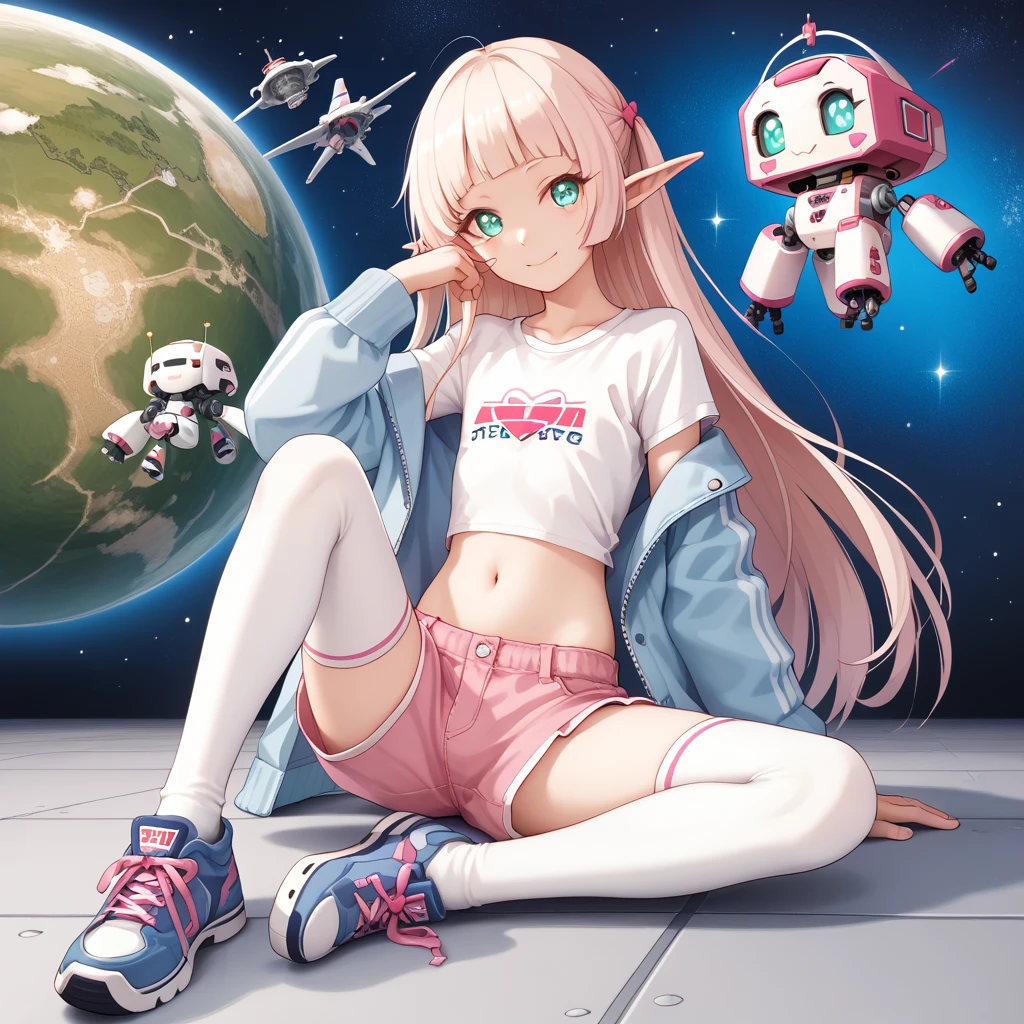 (((best quality))), (((masterpiece))), anime, space station(((a giant robot))), elf, 1 boy, otoko no ko, femboy, 15years old,  light_pink_longhair, turquoise_eyes, crossdressing, casual jacket, t-shirt, short pants, focus navel, detached kneehighs, sneakers, space style wear, flat chest,  looking at viewer, non censored, light smile, matured, fullbody