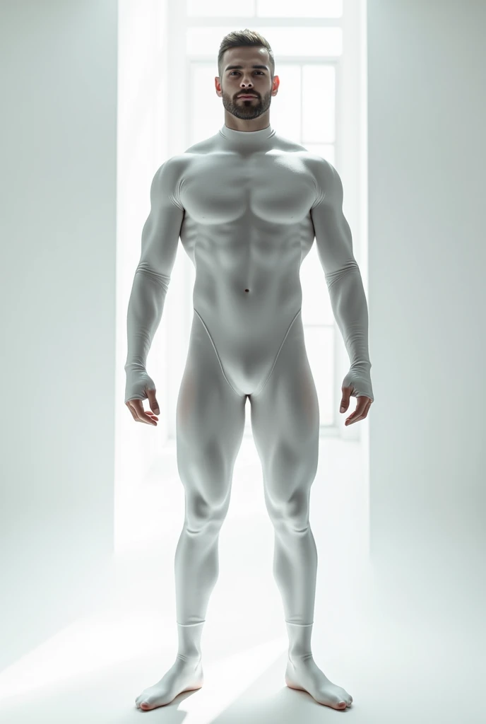 Fullbody standing picture of white Handsome muscular nude horny sexy gay man wearing skinny tight white latex bodysuit, shiny black hair Disconnected Pompadour oiled hair style, shiny black varnished shoes, big golden neck chain,, red lip, six pack, tattoos, horny, cum shot, sperm, milking penis, very big penis, very big testicle, shiny oiled skin, orgasm, oversexed, masturbation, standing at white show room.