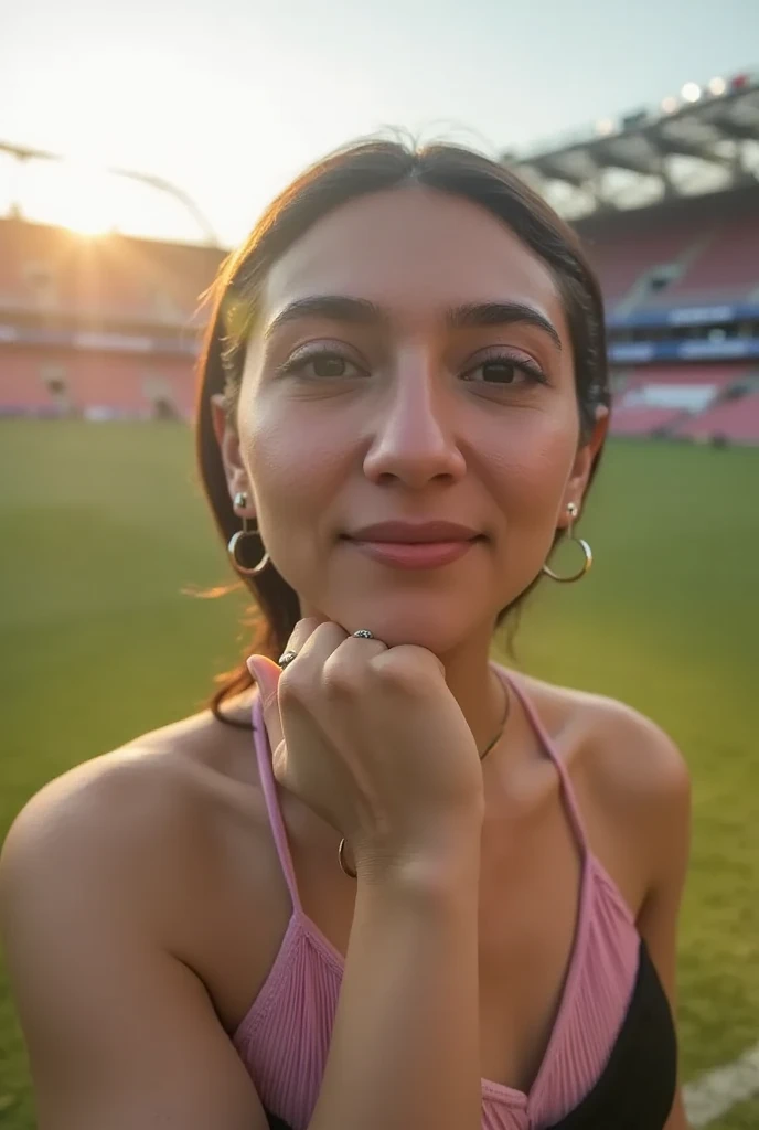 cinematic photo professional fashion close-up portrait photography of sahiba at soccer stadium during Golden Hour, Nikon Z9   . 35mm photograph, film, bokeh, professional, 4k, highly detailed