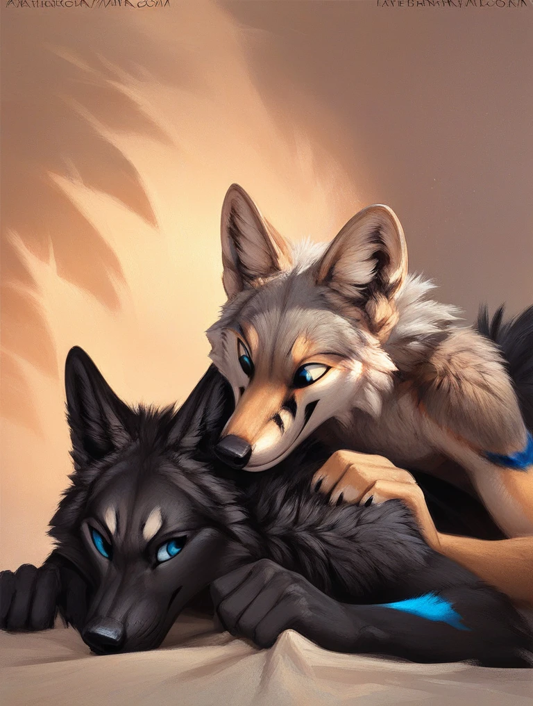 score_9, score_8_up, score_7_up, source_furry, rating_safe, by kenket, anthro, duo, male/male, wolf, black body, blue eyes, fox, orange body, doggy style, bird's eye view, on belly
