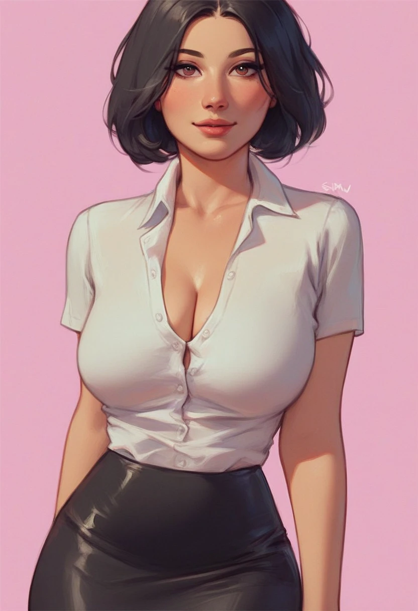 Bl3th3bn3_Styl3_SKNSFW, masterpiece, best quality, 1girl, looking at viewer, black hair, short hair, bob cut, mature female, medium breasts, white shirt, short sleeves, cleavage, black skirt, pencil skirt pink background, simple background