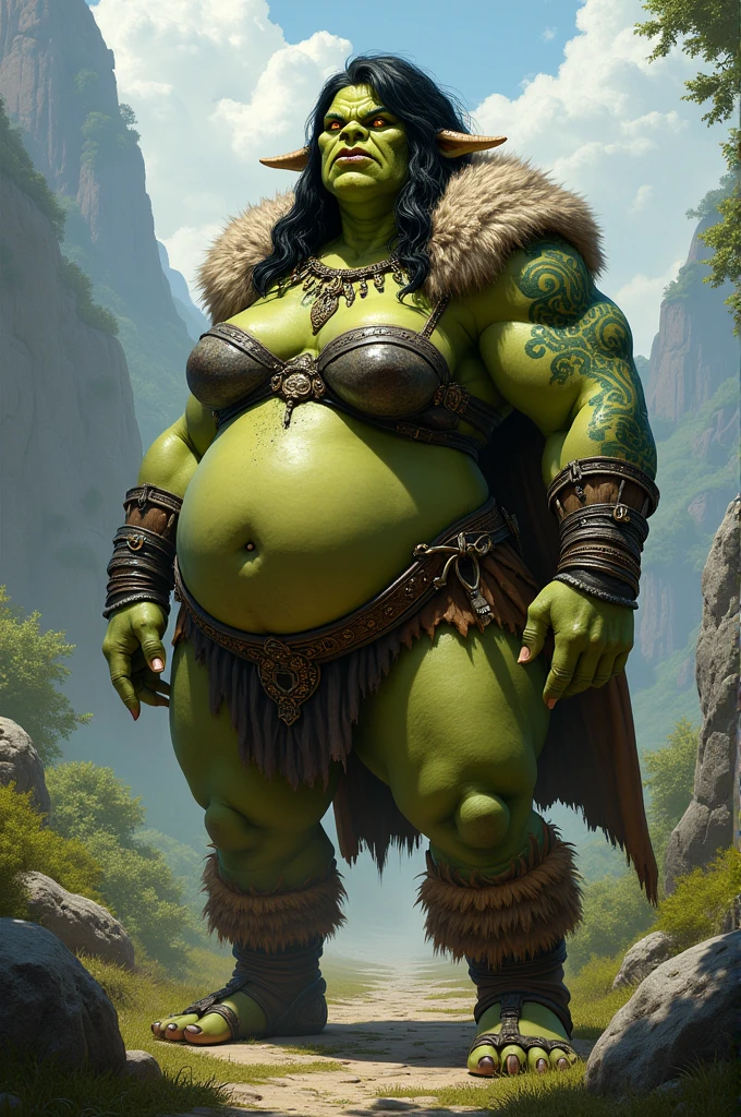 Young orc woman (big fangs), female orc, (green skin) , fearsome, dirty skin and hair, (dirty fur and leather clothes), big saggy breasts, skin imperfections, skin dentation, bone jewelry, forest background, natural lighting, tribal tattoos, muscular, big fat body, highly detailed, 4k, photorealistic, dramatic lighting, cinematic, fantasy art, ultra high quality, sharp Focus, orczor, view from side, interesting poses, weightchubby 