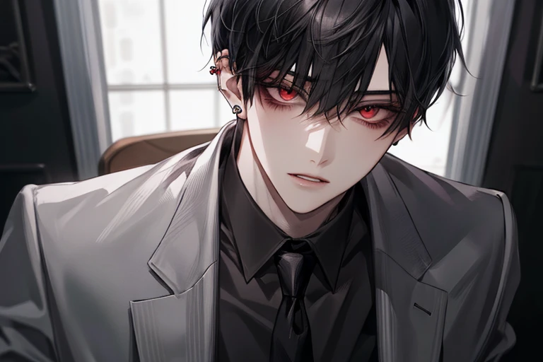 male,Short cut,Black hair, attractive ,Red eyed , student, Dark Atmosphere,Crazy Eyes , Shining Red Eyes , suit,tie, high resolution, best quality , Very delicate face ,1 person,Alone,sexy,flushing, attractive 미소,Naturally, ear-piercing 