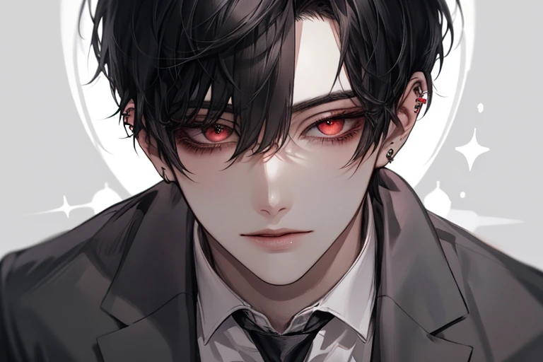 male,Short cut,Black hair, attractive ,Red eyed , student, Dark Atmosphere,Crazy Eyes , Shining Red Eyes , suit,tie, high resolution, best quality , Very delicate face ,1 person,Alone,sexy,flushing, attractive 미소,Naturally, ear-piercing 