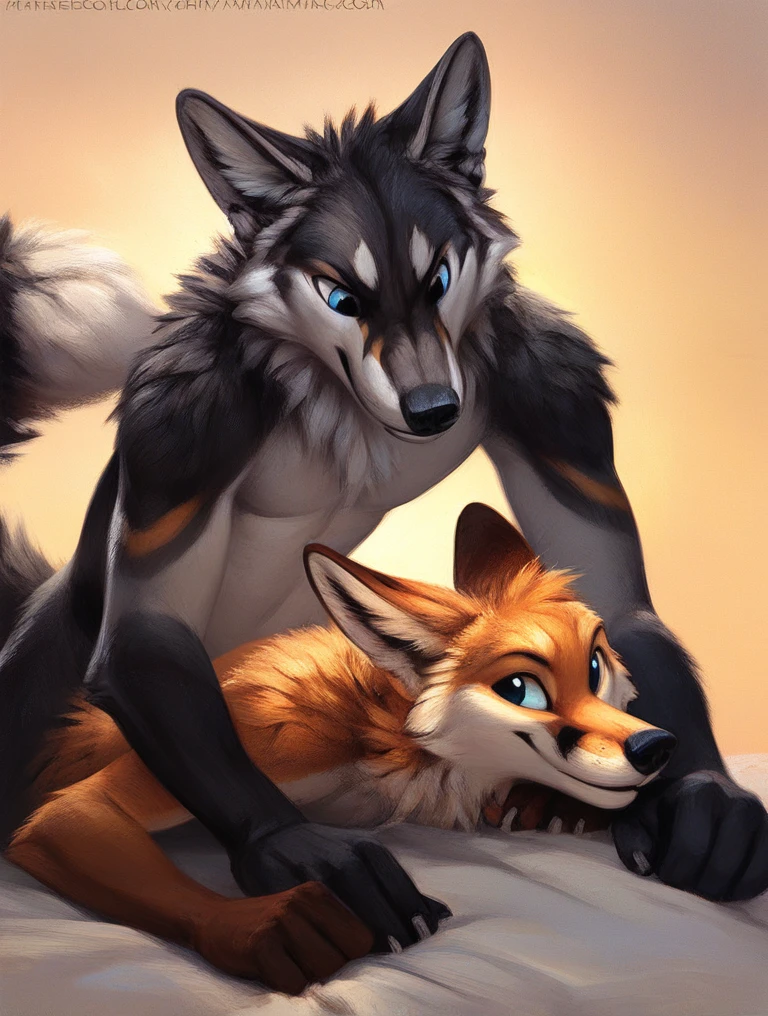 score_9, score_8_up, score_7_up, source_furry, rating_safe, by kenket, anthro, duo, male/male, wolf, black body, blue eyes, fox, orange body, doggy style, bird's eye view, on belly
