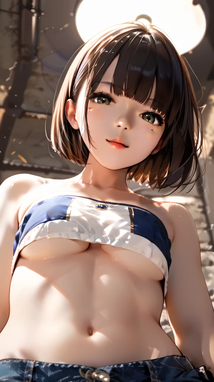 score_9,score_8_up,score_7_up,rating_safe,1girl,solo,(Asian:0.8),(small face:1.3),(big eyes:0.4),cute face,(Look At Viewer:1.3),bob cut,bangs,Bandeau tops,Narrow shoulders,Groin,navel,(Toned body:0.5),(underboob,Cleavage:1.1),Rounded breasts,small breasts,Forward bending,Pov Cowgirl leaning back,concrete wallpaper,Simple Background,pov,cowboy shot,from below