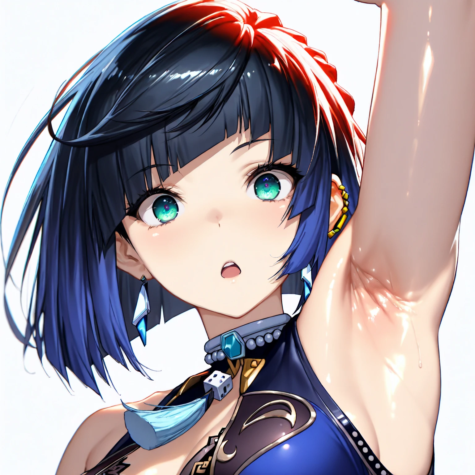 (masterprice, HDR, 2k, High Resolution) 1girl, yelanXL, Yelan, kawai girl, high definition eyes, detailed eyes, high gradient eyes, eyesHD (Surprised Expression, Horny Expression) ((Showing Armpits, Focus Armpits, Detailed Armpits, Shiny Armpits, More Detailed Armpits, and Very Detailed Armpits))