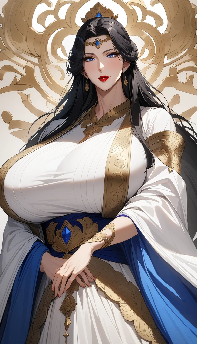 Mature women，Beautiful , Charming goddess , Black long hair , Big breast , Red lips , White Blue Hanfu , Beautiful blue eyes，Extremely detailed，high resolution，Simple background