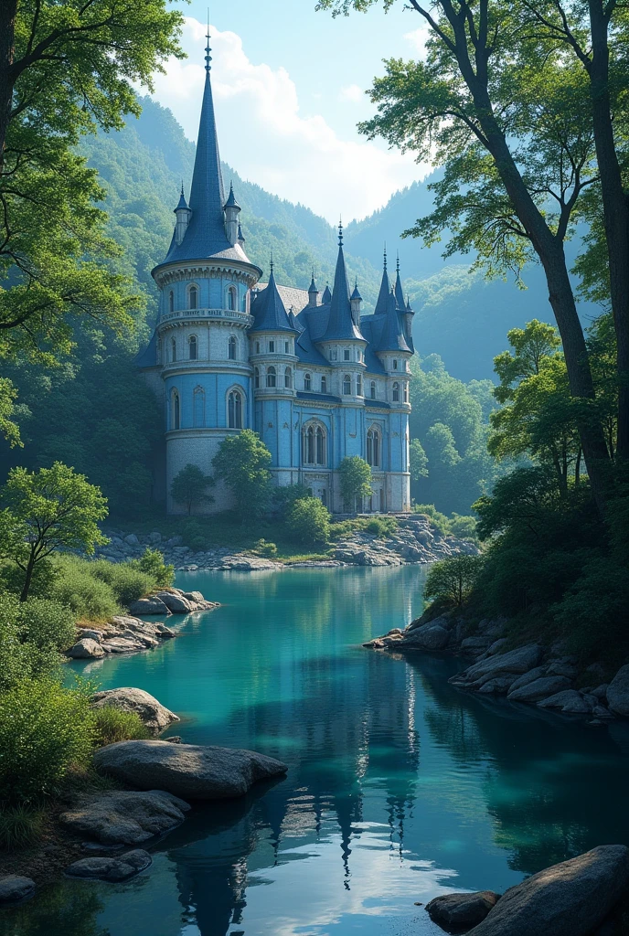 Blue Chateau sleeping peacefully surrounded by forests and springs, silence and timeless old times, the best image quality.