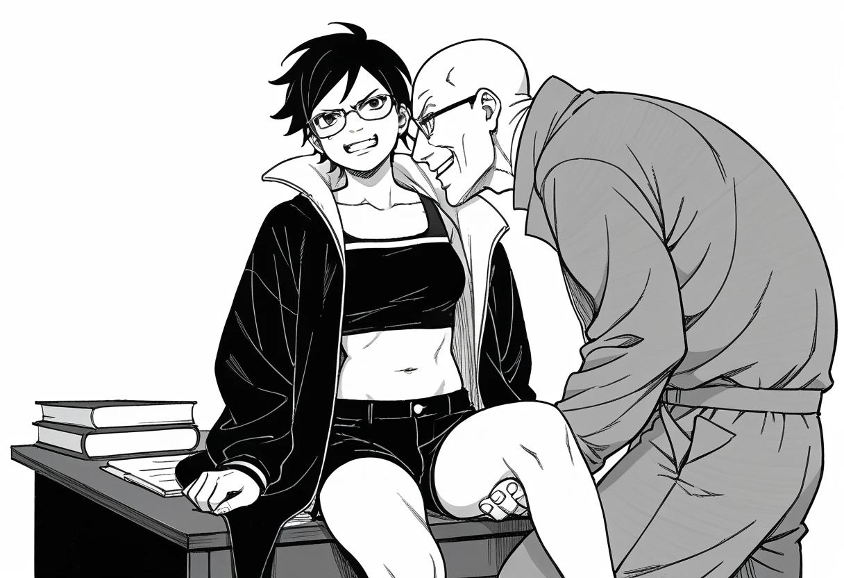 Nsfw, monochrome, manga_source, best background, detailed background, manga, grayscale, uchiha sarada, boruto_two_blue_vortex, post timeskip, Uchiha_sarada, solo, angry, hugging a big bald male, size_difference, evil smile, couple, cheating, infidelity, black hair, short hair, glasses, beautiful body, medium breasts, sexy legs, mikio ikemoto style, black crop_top, navel, open coat, black tiny shorts, empty bubble spech, hokage's office, 