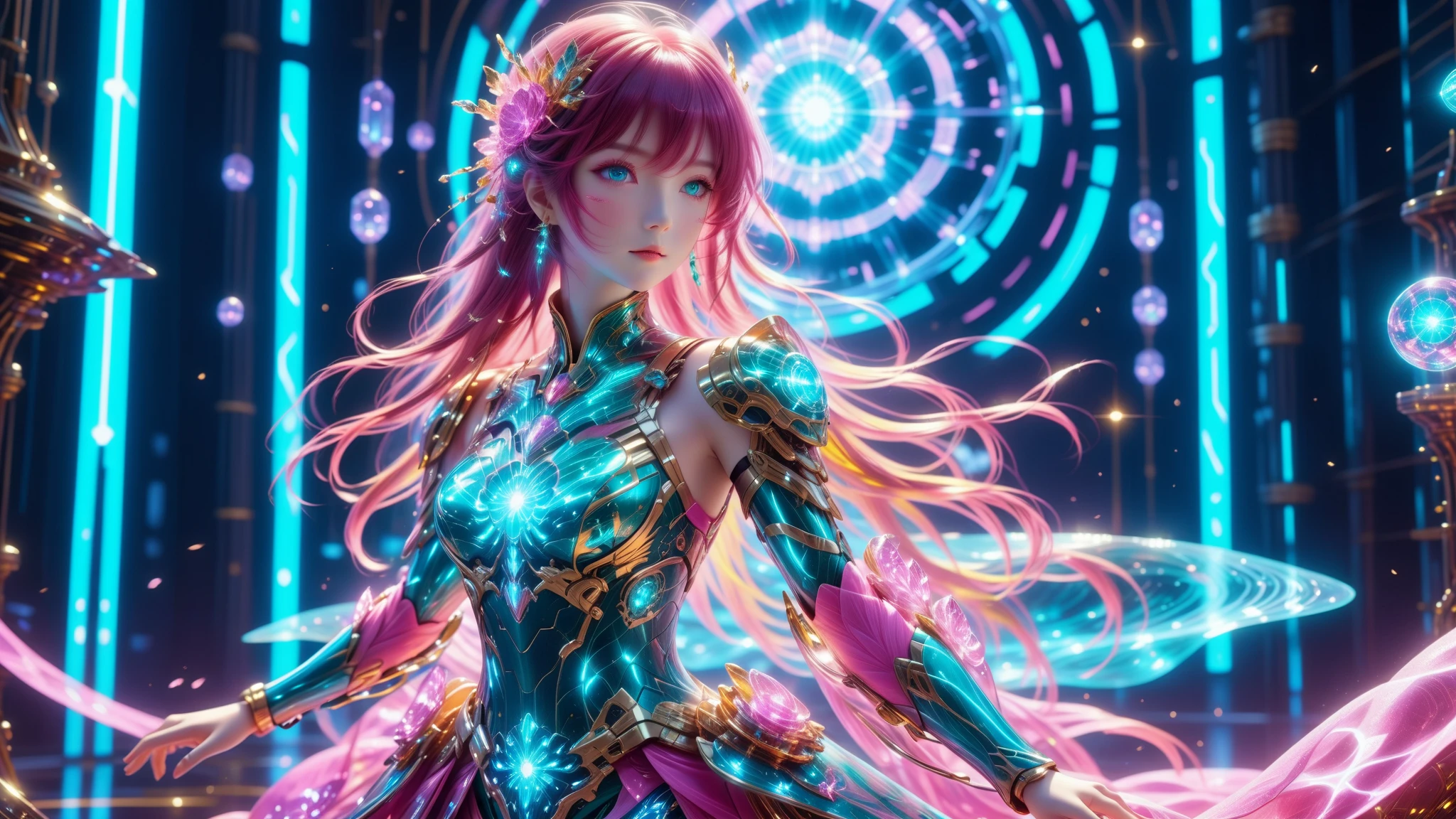 A Masterpiece In 32K Resolution, Supreme Quality, Super Detail, Official Art, Very High-Resolution 32K Wallpaper, Beautiful And Aesthetic, Ultra-Detailed Features, Awe-Inspiring Detail. A Stunning Anime Magical Girl In The Midst Of A Transformation Sequence, With Futuristic Tech-Based Armor Forming Around Her. The Scene Features Vibrant Glow Effects In Pink, Gold, And Teal, Floating Digital Particles Surrounding Her, And A Futuristic Laboratory Background With Holographic Screens.