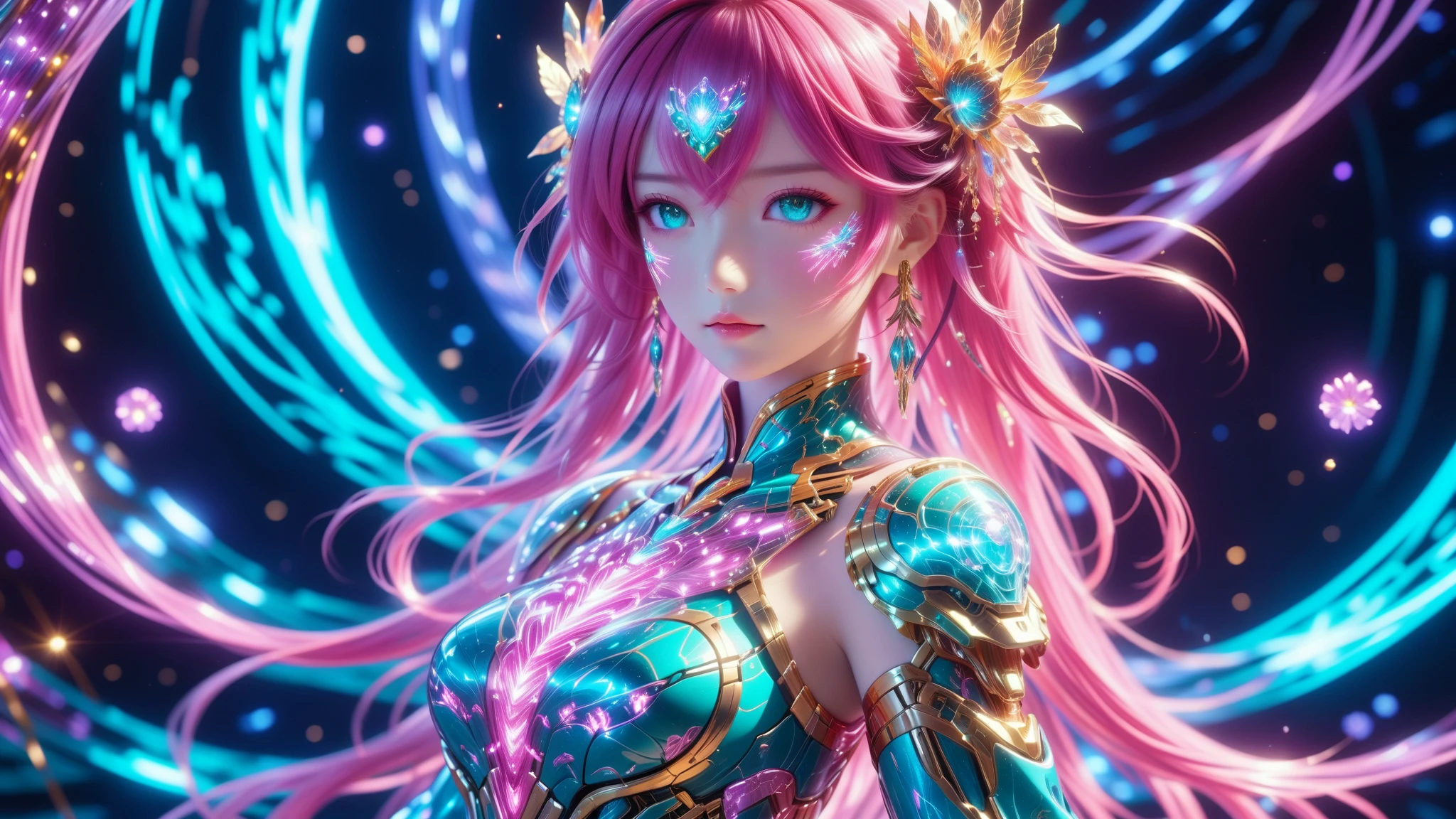 A Masterpiece In 32K Resolution, Supreme Quality, Super Detail, Official Art, Very High-Resolution 32K Wallpaper, Beautiful And Aesthetic, Ultra-Detailed Features, Awe-Inspiring Detail. A Stunning Anime Magical Girl In The Midst Of A Transformation Sequence, With Futuristic Tech-Based Armor Forming Around Her. The Scene Features Vibrant Glow Effects In Pink, Gold, And Teal, Floating Digital Particles Surrounding Her, And A Futuristic Laboratory Background With Holographic Screens.