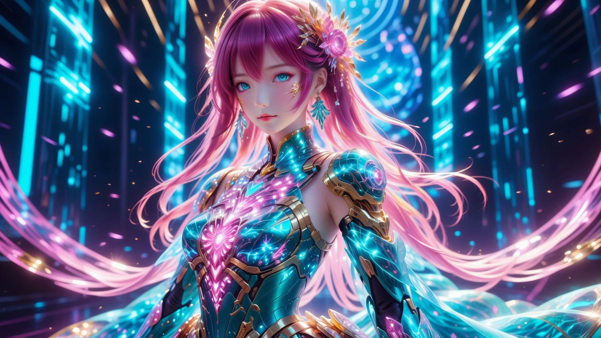 A Masterpiece In 32K Resolution, Supreme Quality, Super Detail, Official Art, Very High-Resolution 32K Wallpaper, Beautiful And Aesthetic, Ultra-Detailed Features, Awe-Inspiring Detail. A Stunning Anime Magical Girl In The Midst Of A Transformation Sequence, With Futuristic Tech-Based Armor Forming Around Her. The Scene Features Vibrant Glow Effects In Pink, Gold, And Teal, Floating Digital Particles Surrounding Her, And A Futuristic Laboratory Background With Holographic Screens.