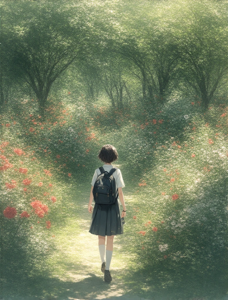 My  wears school clothes and carries a school bag and walks between the flowers and the flowers