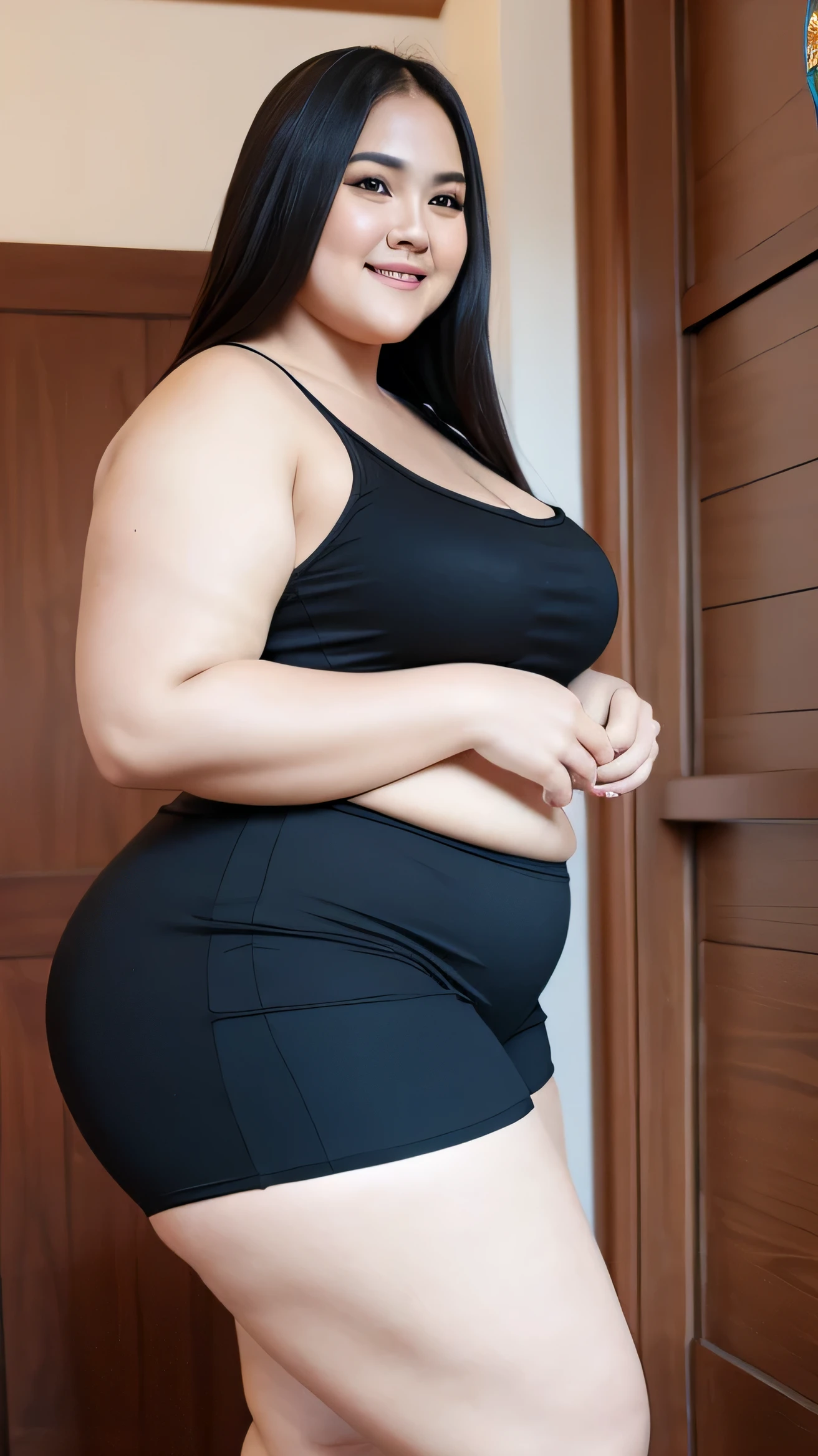 ((best quality)), ((masterpiece)), (detailed), perfect face, chubby female, big breast, chubby belly, full body, chubby thighs, thick neck, wearing brown midi t-shirt and thight skirt, black room, chubby armpits, wearing sneakers, glasses