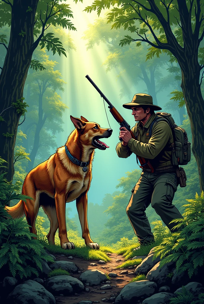 In 1920 after the war, Homme 25 ans baroudeur proche de la nature
Carabine en bandoulière. A dog next to him