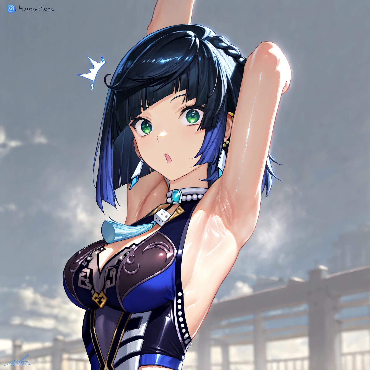 (masterprice, HDR, 2k, High Resolution) 1girl, yelanXL, Yelan, kawai girl, high definition eyes, detailed eyes (Surprised Expression, Horny Expression) ((Showing Armpits, Focus Armpits, Detailed Armpits, Shiny Armpits, More Detailed Armpits, and Very Detailed Armpits))