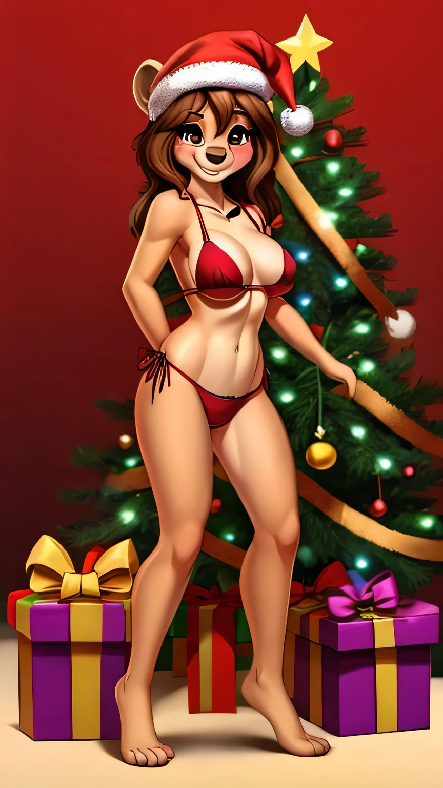 Dark magician gils con vestido rojo,((see through)), extremadamente detallado, rubio,(((Mini falda diminuta))), ((skirt lift)),(((tanga visible))),Sonriendo, ojos azules, realista, tacones rojos, (((Navidad))), escote, ((christmas tree, Regalos)), cabello rubio, navidad de Magia. Pose sejustiva y sensual.