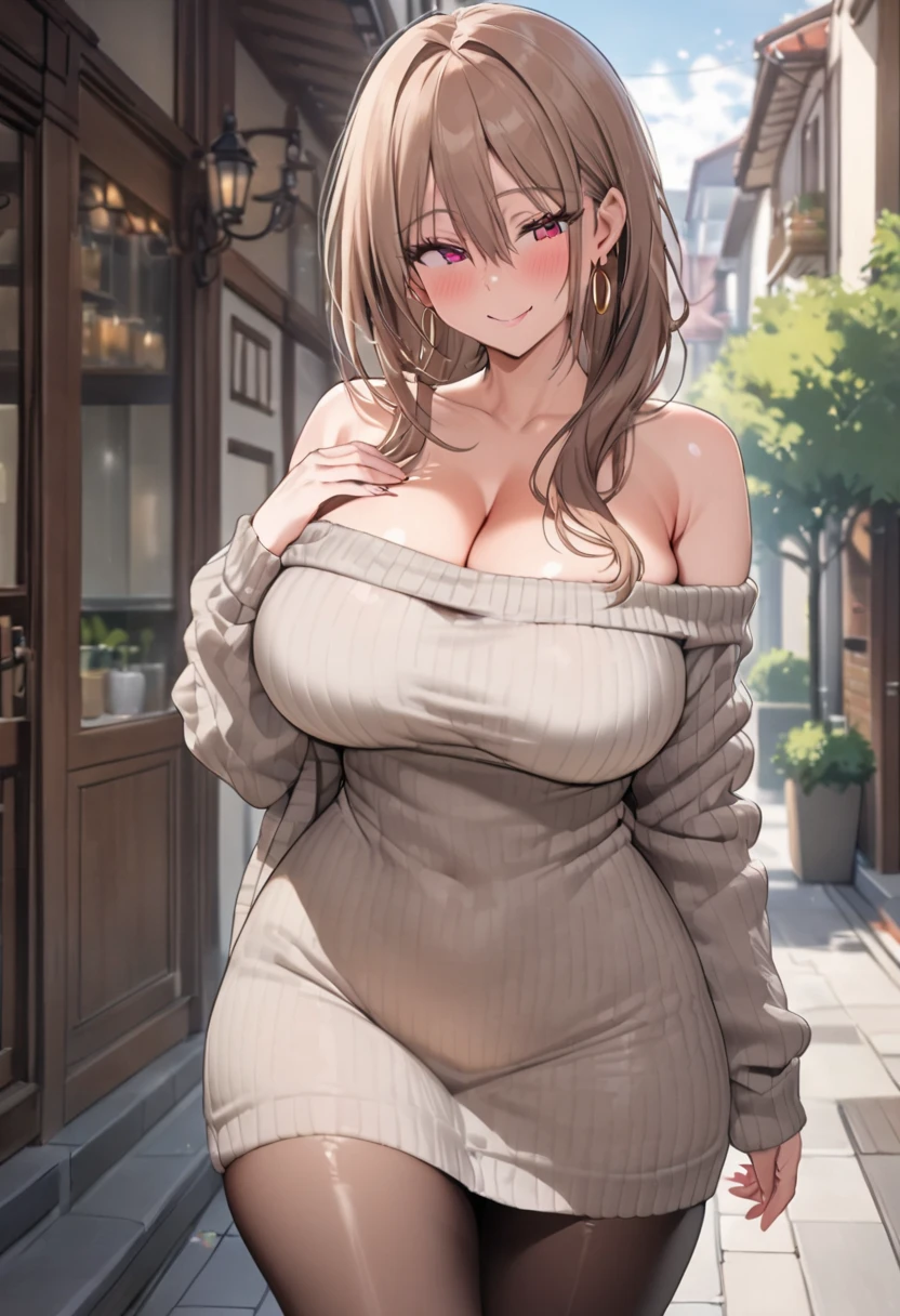     detailed face    ,     detailed body rendering   ,   Alone、  masterpiece ,     High Quality    , 8k,     Hoop Earrings    ,    is written by,    thigh thickness , shiny skin,SKINNING    ,{{{{{    game cg}}}}},, 最    High Quality    ,     High Quality   ,     very sophisticated ,Brown Hair,( off shoulder ),( Rib Knit Sweater),(mini dress),blush,smile,Residential Street,Big Breasts, thick thighs, cleavage, shiny skin, black pantyhose