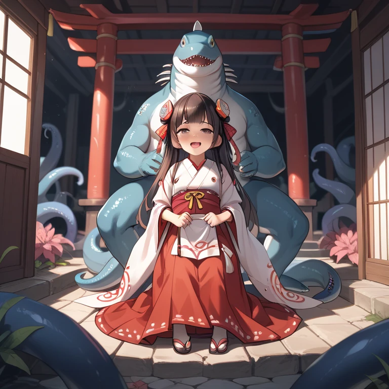 nsfw,masterpiece,best quality,ultra detaile,anime style,full body,tentacles,tentacle pit,tentacle sex,1 girl,loli,age 10,shrine maiden clothes,red long skirt,empty eyeys,many eel,eel inside clothes,eel sex,nsfw