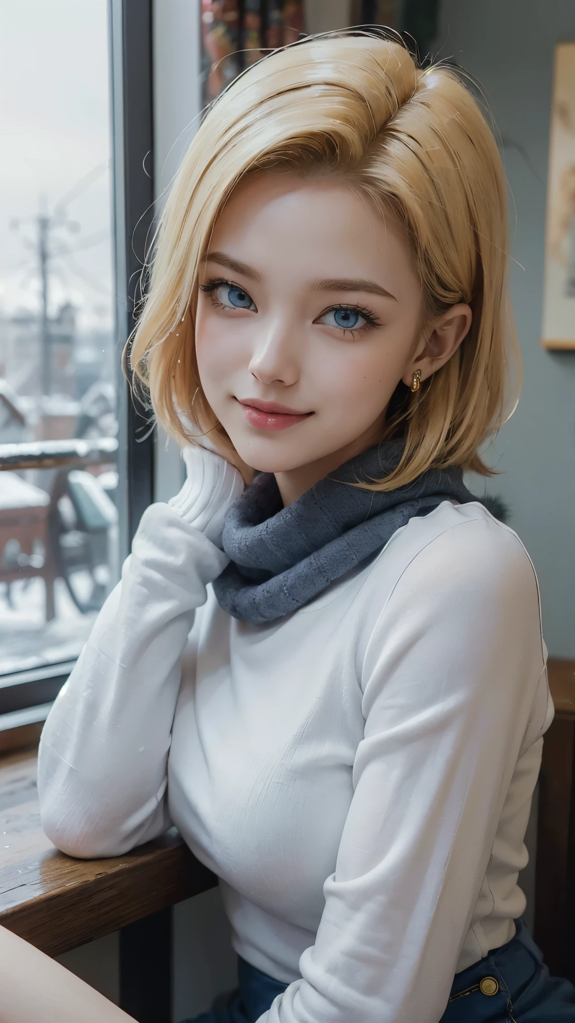 Android 18 da dragon ball,(best qualityer,4K,8k,high resolution,work of art:1.2)(weather: snowing), Mondstadt town background, coffee shop, winter outfit, beige winter sweater, fur mittens, winter fur scarf, winter leggings, winter boots, winter beanie, silver neck jewelry, snowflake embroidery, cheek mole, short straight hair, blonde hair, ultra detailed, realistic, portrait,beautiful detailed sapphire blue eyes, glowing eyes,blush,beautiful detailed lips,extremely detailed eye and face, long eyelashes,sexy,average, large breasts,beaming smile, flirty smile, powerful girl, sexy pose, stunning curves, bright coloured, dramatic lighting, Christmas lights, Christmas tree, drinking coffee,