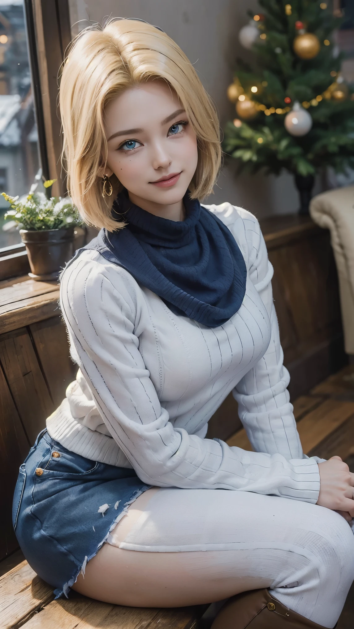 Android 18 da dragon ball,(best qualityer,4K,8k,high resolution,work of art:1.2)(weather: snowing), Mondstadt town background, coffee shop, winter outfit, beige winter sweater, fur mittens, winter fur scarf, winter leggings, winter boots, winter beanie, silver neck jewelry, snowflake embroidery, cheek mole, short straight hair, blonde hair, ultra detailed, realistic, portrait,beautiful detailed sapphire blue eyes, glowing eyes,blush,beautiful detailed lips,extremely detailed eye and face, long eyelashes,sexy,average, large breasts,beaming smile, flirty smile, powerful girl, sexy pose, stunning curves, bright coloured, dramatic lighting, Christmas lights, Christmas tree, drinking coffee,