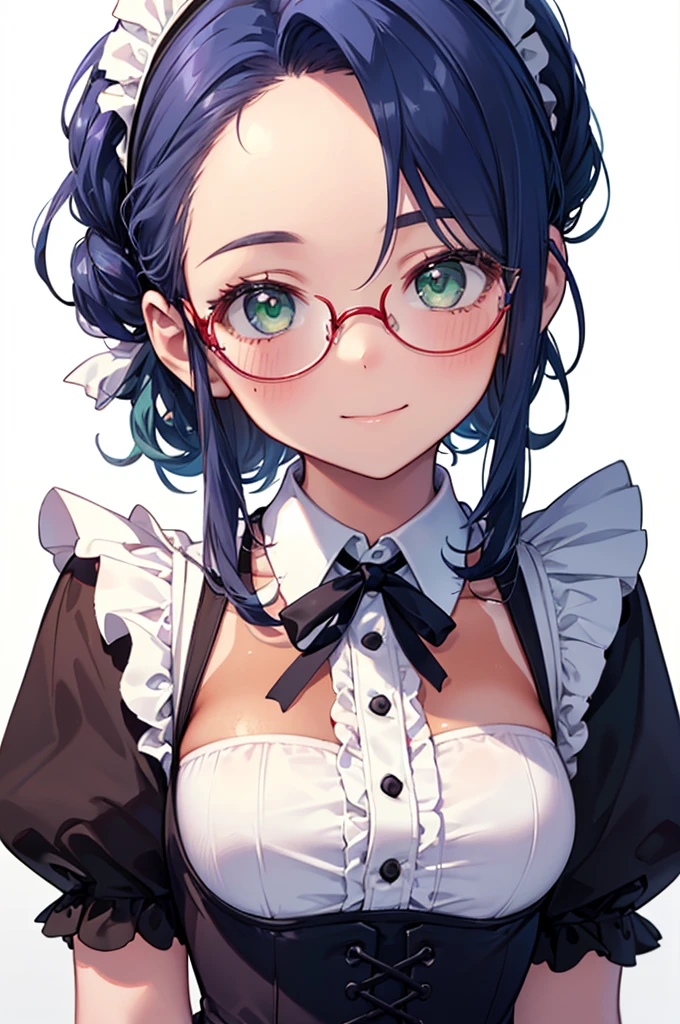 (64k, RAW photo, highres, best quality, masterpiece:2.0), (ultra-fine depiction of the detail:2.0), (realistic, beautiful, photo-realistic:1.3), (sucrose /(genshin impact/) ), (Tex Mex Burrito Style), 1girl, (yuri alpha), long black hair, (single braid bun), bangs, shiny black hair, blue gray eyes,(cool glasses), (gothic style vivid blue choker), (blue bowtie and ribbon) (simple but high-quality maid dress), (a battle maid with confidence and dignity), (she is equipped with spiked gantlets, and they are elaborately designed, and vivid dark emerald green colored), (solemn maid dress with gothic style coreset), cleavage, huge breasts, mature elegant female, shiny skin, ghost in the shell, pink lips, looking to the side, closed mouth, in a study room, filled with solemn atmosphere, (highly sophisticated professional HDR, with effective ambient occlusion, perfectly optimized spot light and front light:1.8), (perfect, natural, harmonious composition), (photo-realistic, ultra-detailed:1.5), ((only by full body shot and cowboy shot from front:1.6))