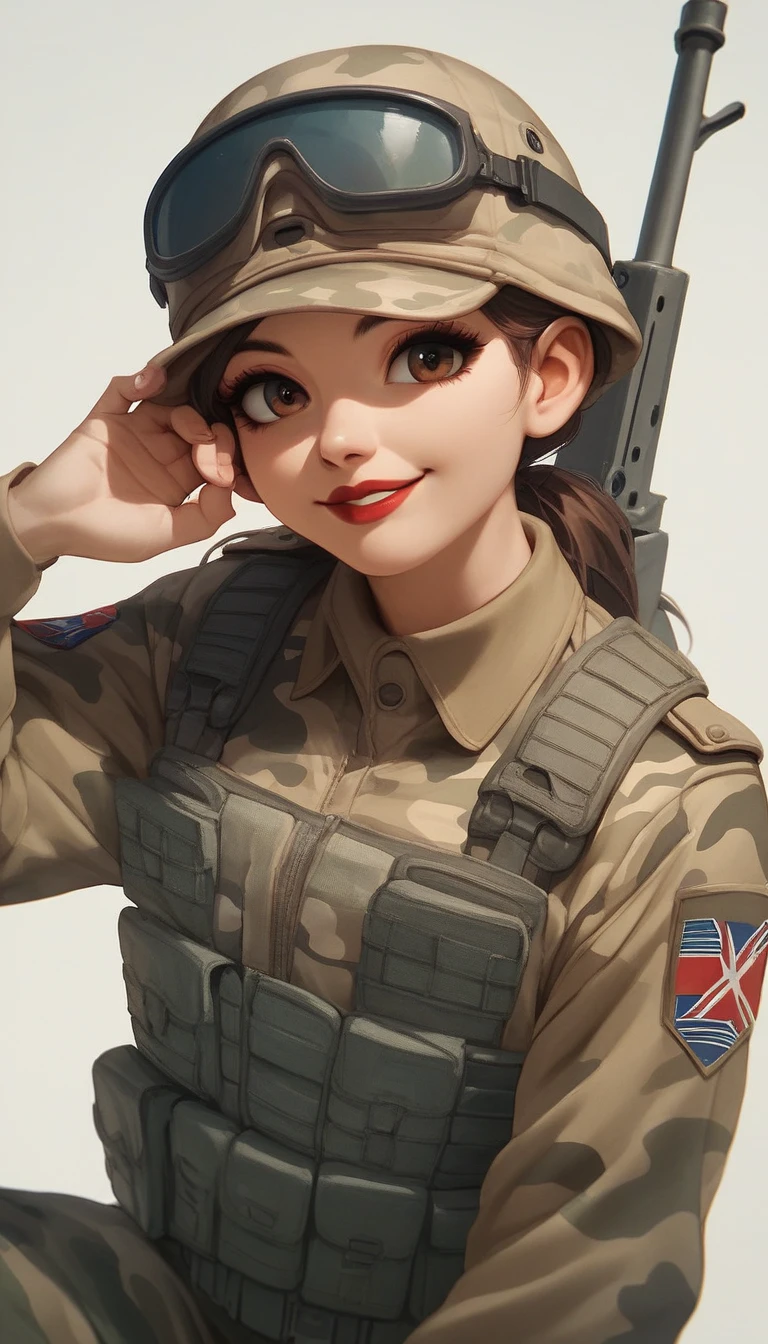 Anime, girl soldier in camouflage uniform, cute face, smiling face, long eyelashes, red lips, brown eyes, posing with full weapon, cool look, 8K quality