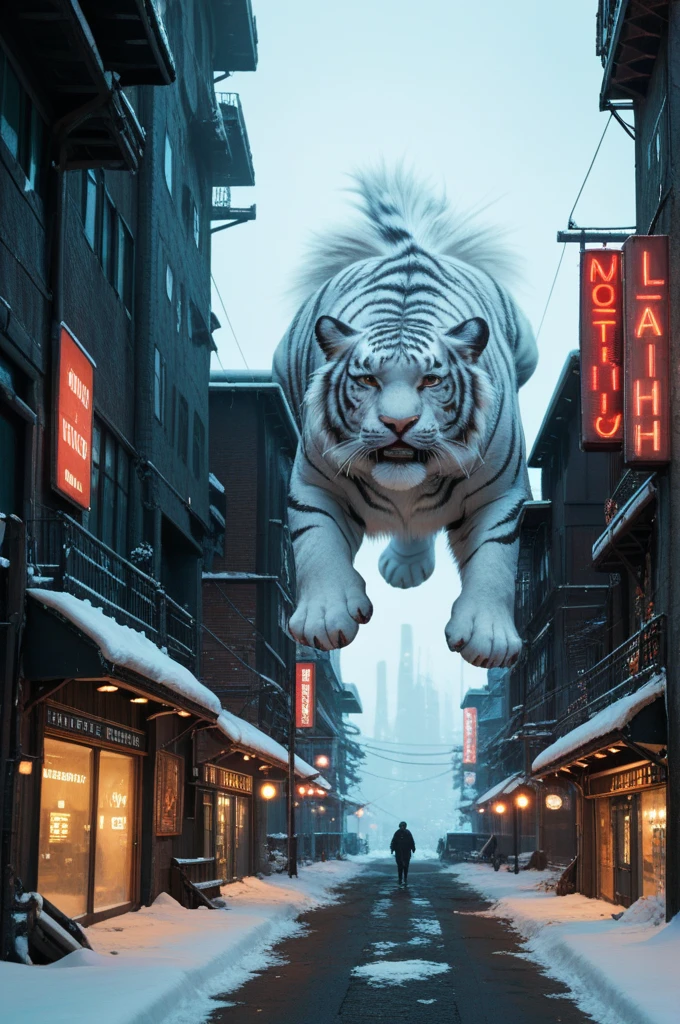 The image of a white tiger ,  glowing with neon lights ,  standing on a snowy hill .  In the background is a majestic city of the future ,  floating in the air ,  with futuristic architecture and bright lights.  The atmosphere is fabulous and mysterious ,  with frosty air and overflows of light 