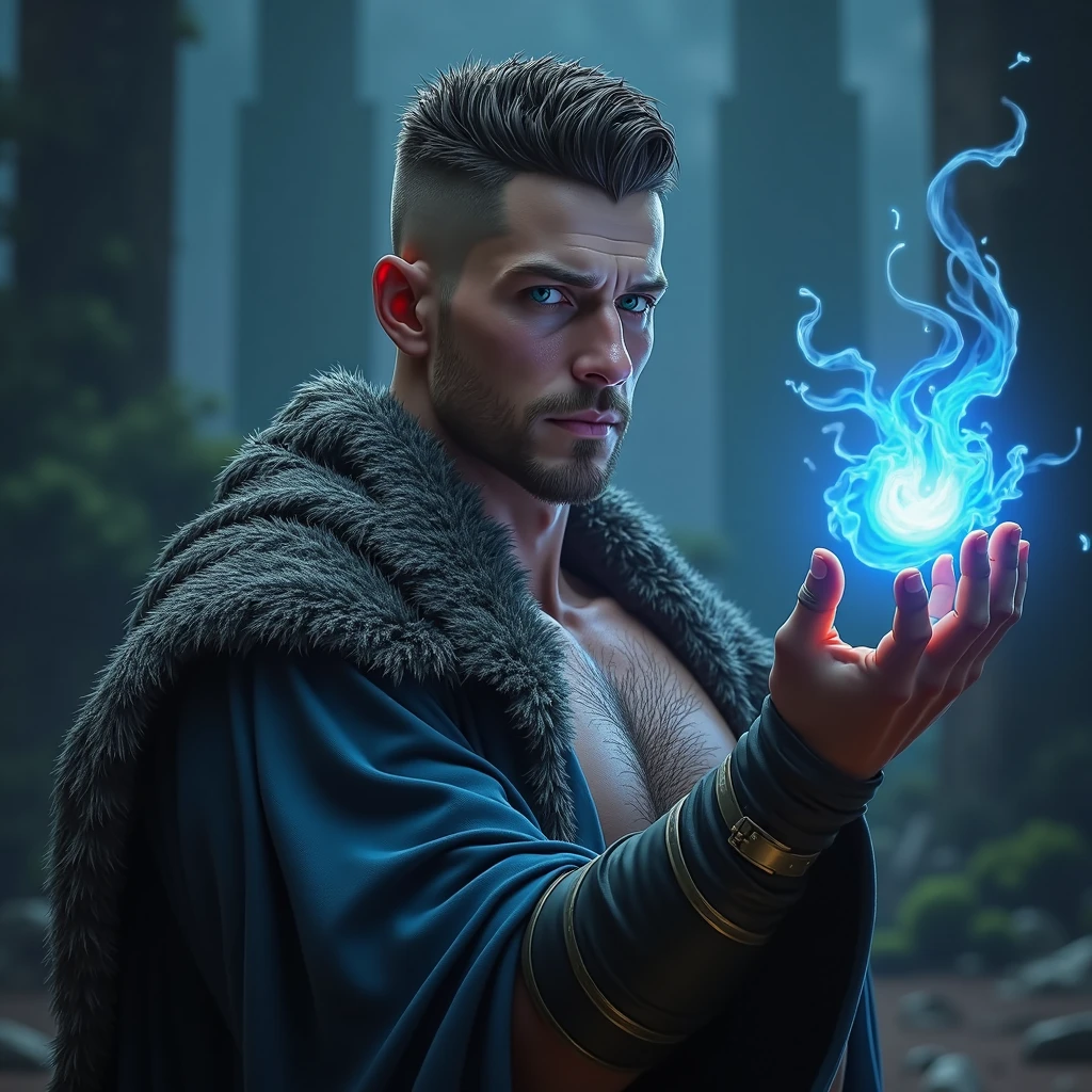 masculine, masterpiece, Hyperrealistic image of a sexy 30-year-old albino man., redhead, wearing glamorous black sorcerer robes, exposed chest, menintong, Stupid, seductive pose, magical glowing arcane sigils, a hand holds a green flame, looking directly at camera, Cheek Smile, Very detailed, intricate details, sharp focus, dynamic lighting, dynamic shadows, without watermark