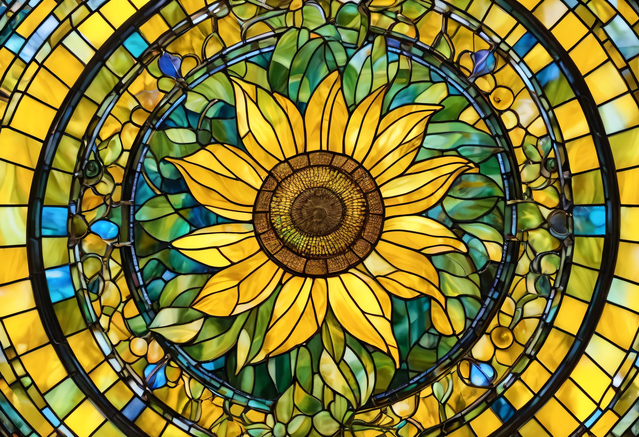 a painting of Sunflower in a stained glass window,   an elaborate painting inspired by Louis Comfort Tiffany on the theme of frogs, Trending on Shutterstock , Art Nouveau, sunflower stained glass,  stained glass art , crystallic Sunflower, Sunflower, colors: yellow Sunflower, colors : yellow Sunflower, staind glass style,  Maxim verehin stained glass mosaic ,  Vector art by  , Sunflower in the background